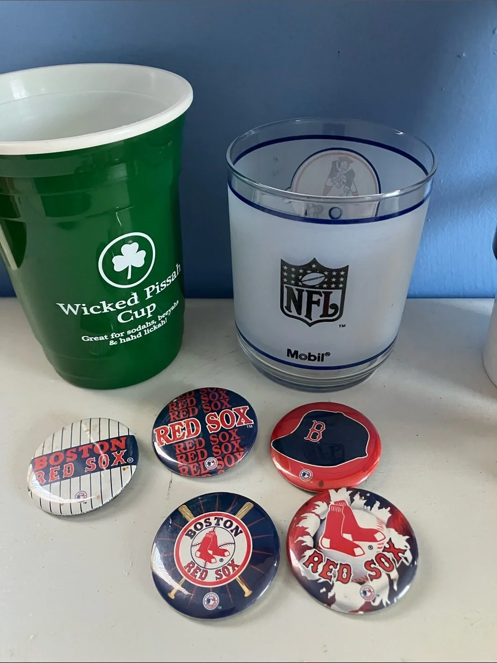 Bundle of New England Patriots and Boston Red Sox Cups and Pins and Bear